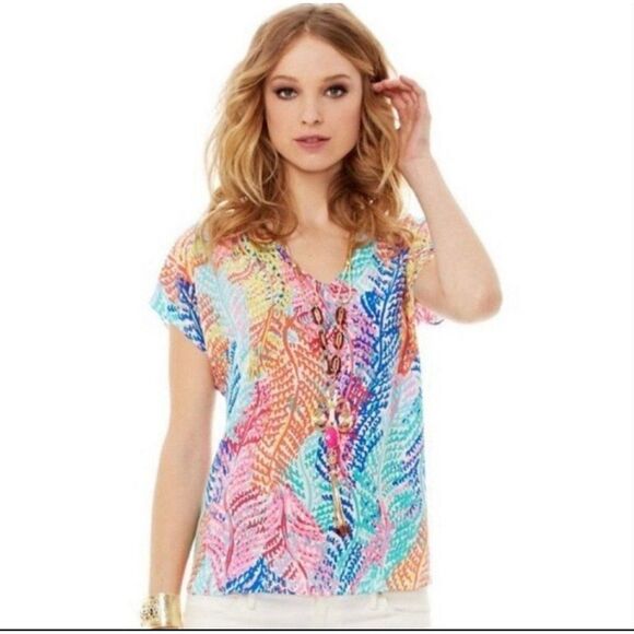 Lilly Pulitzer Silk Asher Short Sleeve Blouse in Electric Feel Sz Small Colorful - Picture 1 of 8